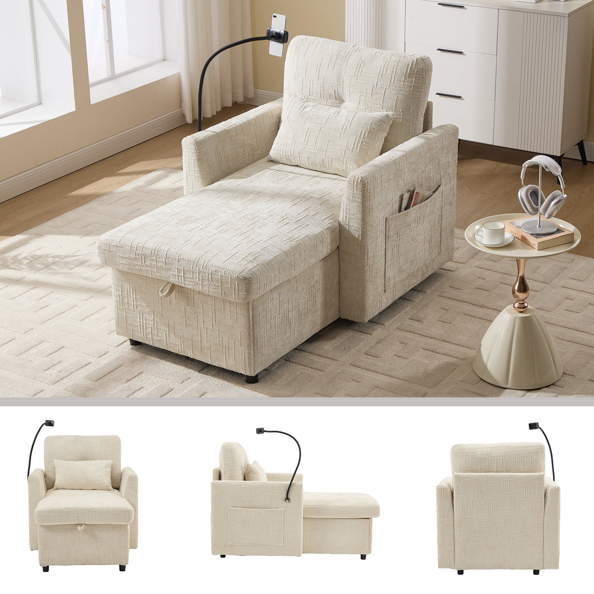 Aukfa Storage Chaise Lounge Single Sofa with Phone Holder and Pillow for Living Room Bedroom, Chenille, Beige