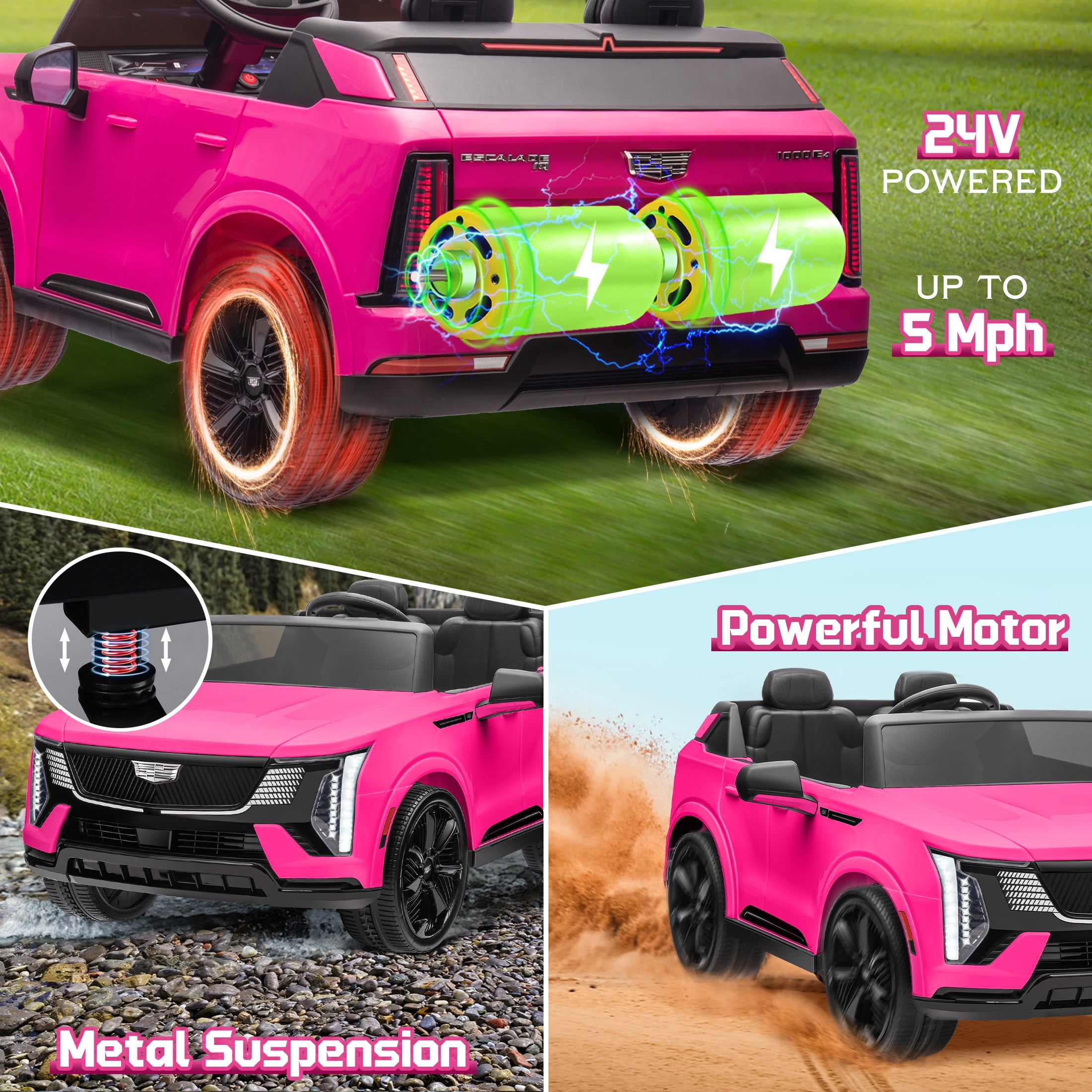 24V 2 Seater Ride on Cars, Licensed Cadillac Escalade IQ Powered Ride on Toys Truck with Remote Control, 4 Wheels Spring Suspension, LED Light, Electric Cars for Kids Ages 3-8 Gifts, Pink