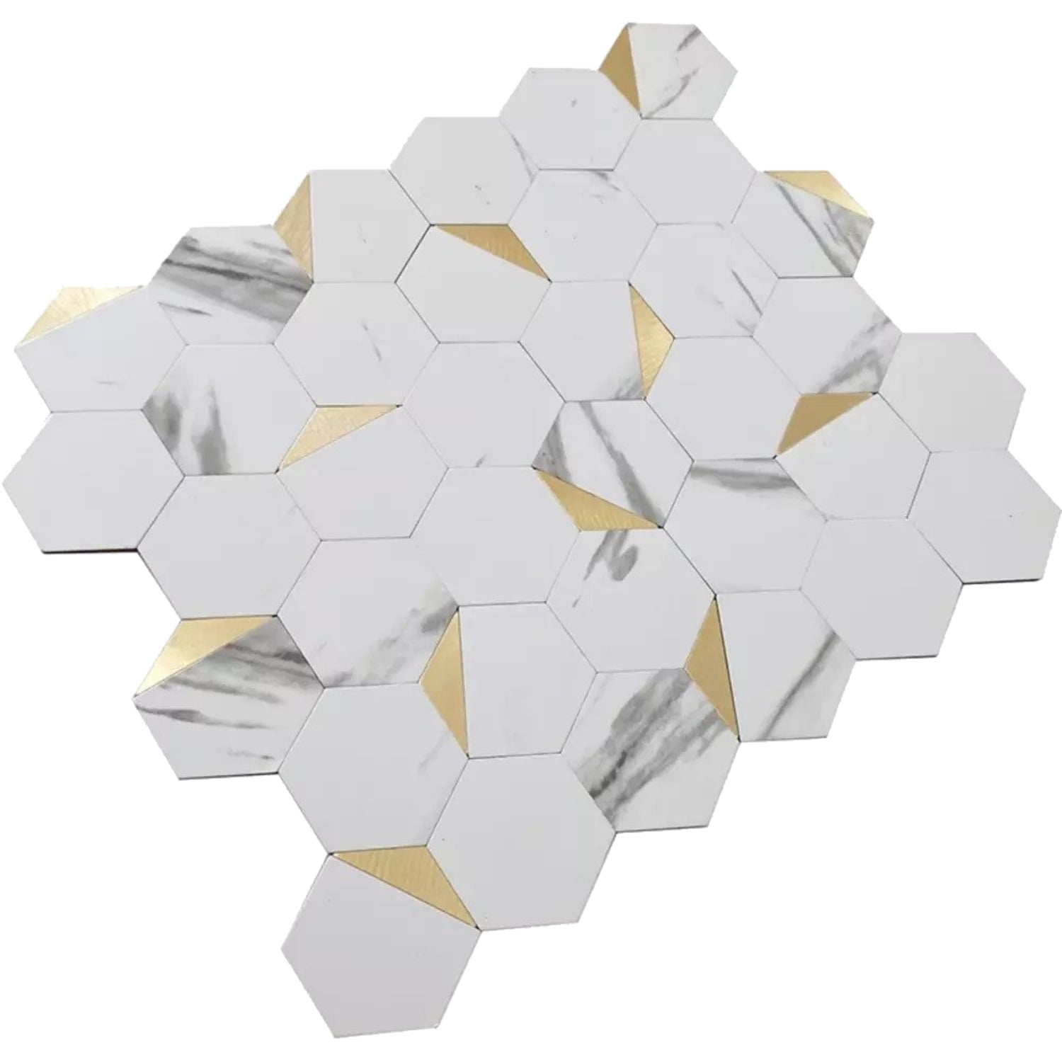 10 pack Hexagon White and Gold 11.6 in.x11.5 in. Metal Peel and Stick Backsplash Tile for Kitchen and Bathroom (8.3 sq ft/Case)