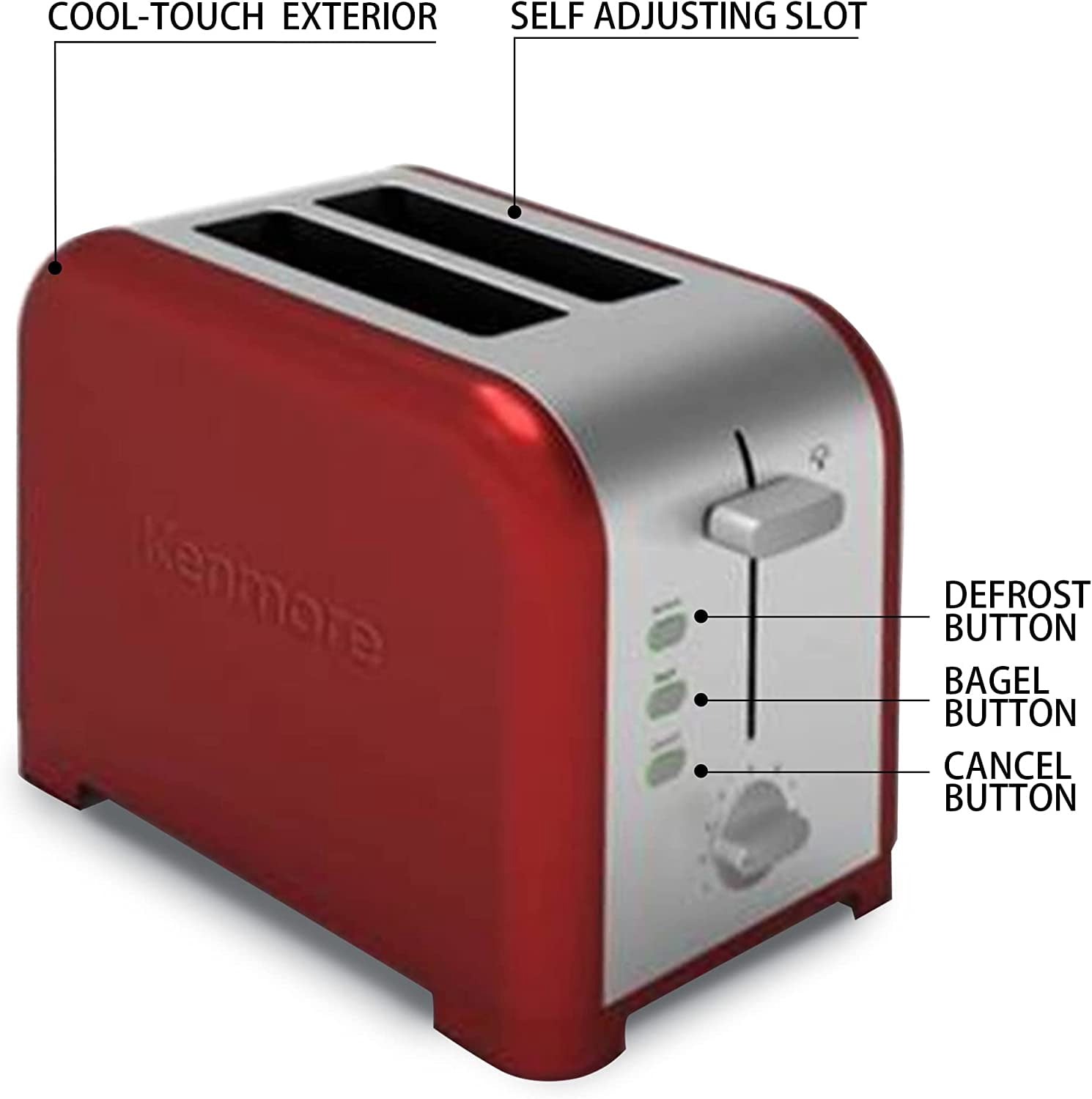 Kenmore 2-Slice Red Stainless Steel Toaster, Wide Slot, Bagel/Defrost