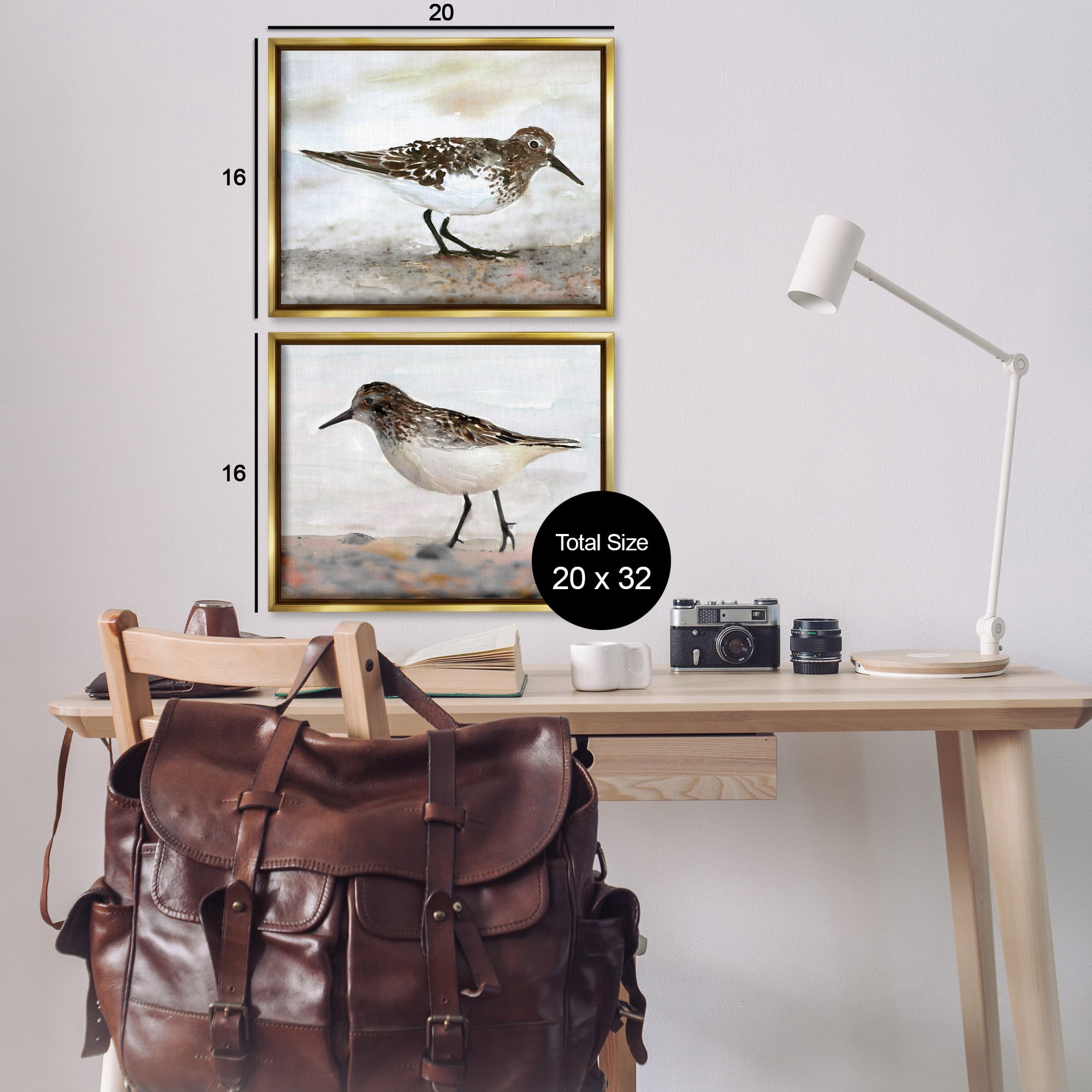 Stupell Industries Sandpipers on Coast Nautical Beach Animals & Insects Painting Gold Floater Framed Canvas Art Print Wall Art, 21 x 17, Set of 2