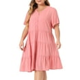thumbnail image 2 of DARING DIVA Plus Size Button Down V Neck Tiered Chambray Dress 1X Pink, 2 of 6