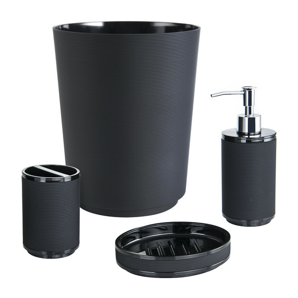 Mainstays 4-Piece Black Ribbed Soft Touch Plastic Bath Set - Walmart.com
