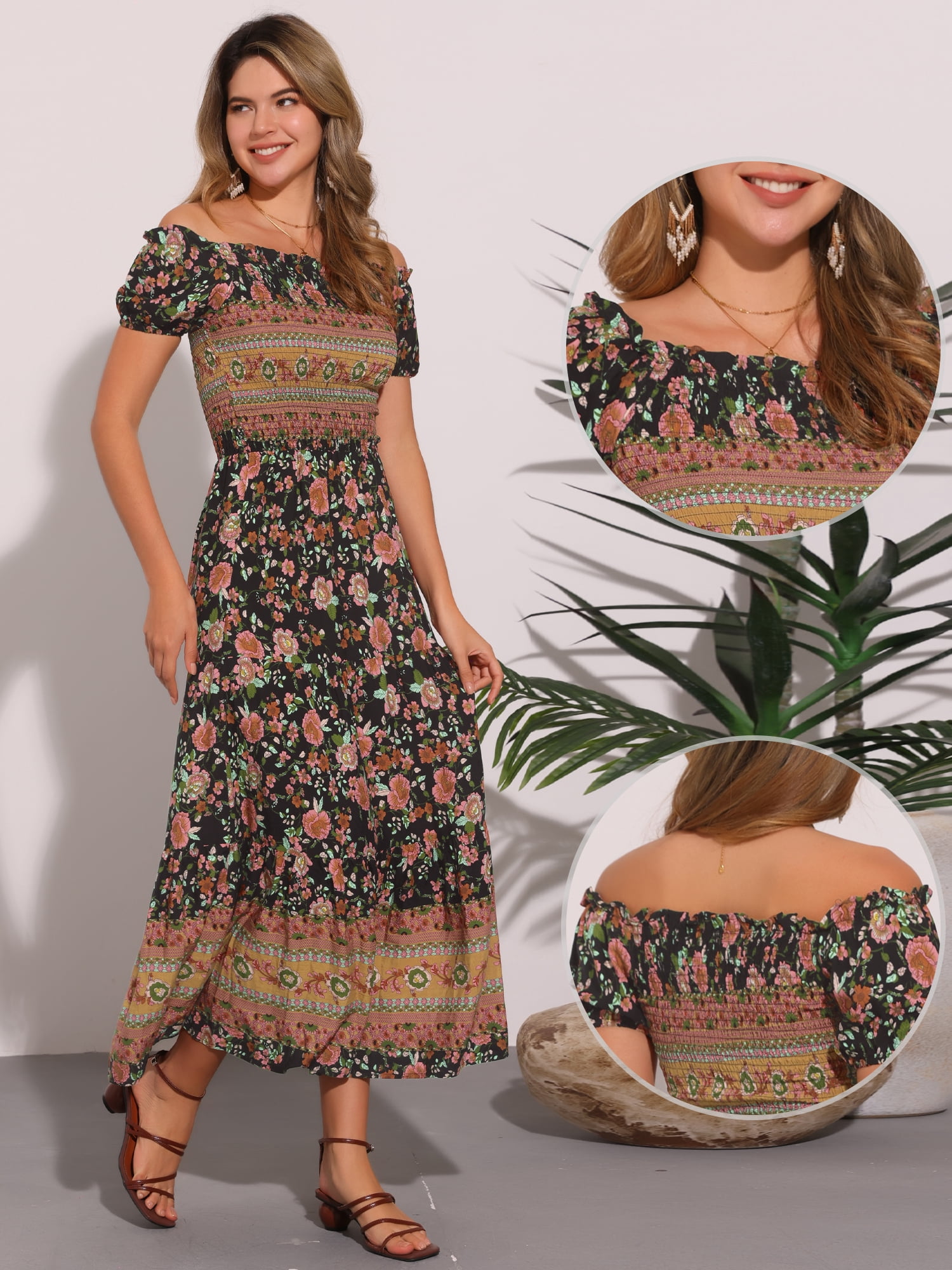 DARING DIVA Women's Boho Floral Square Neck Smocked Back Midi Dresses M Black