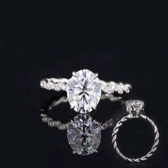 Cora Jewellery 9x7MM Oval Moissanite Engagement Ring For Women With Twisted Diamond Shank, 10K White Gold