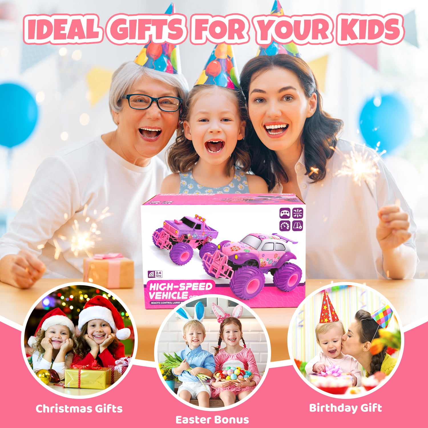 Beefunni Pink RC Car for Girls, 4WD Off-Road Remote Control Truck with 2.4GHz, Rechargeable Batteries, All-Terrain RC Toy for Kids Ages 6-12, Birthday Gift for Girls