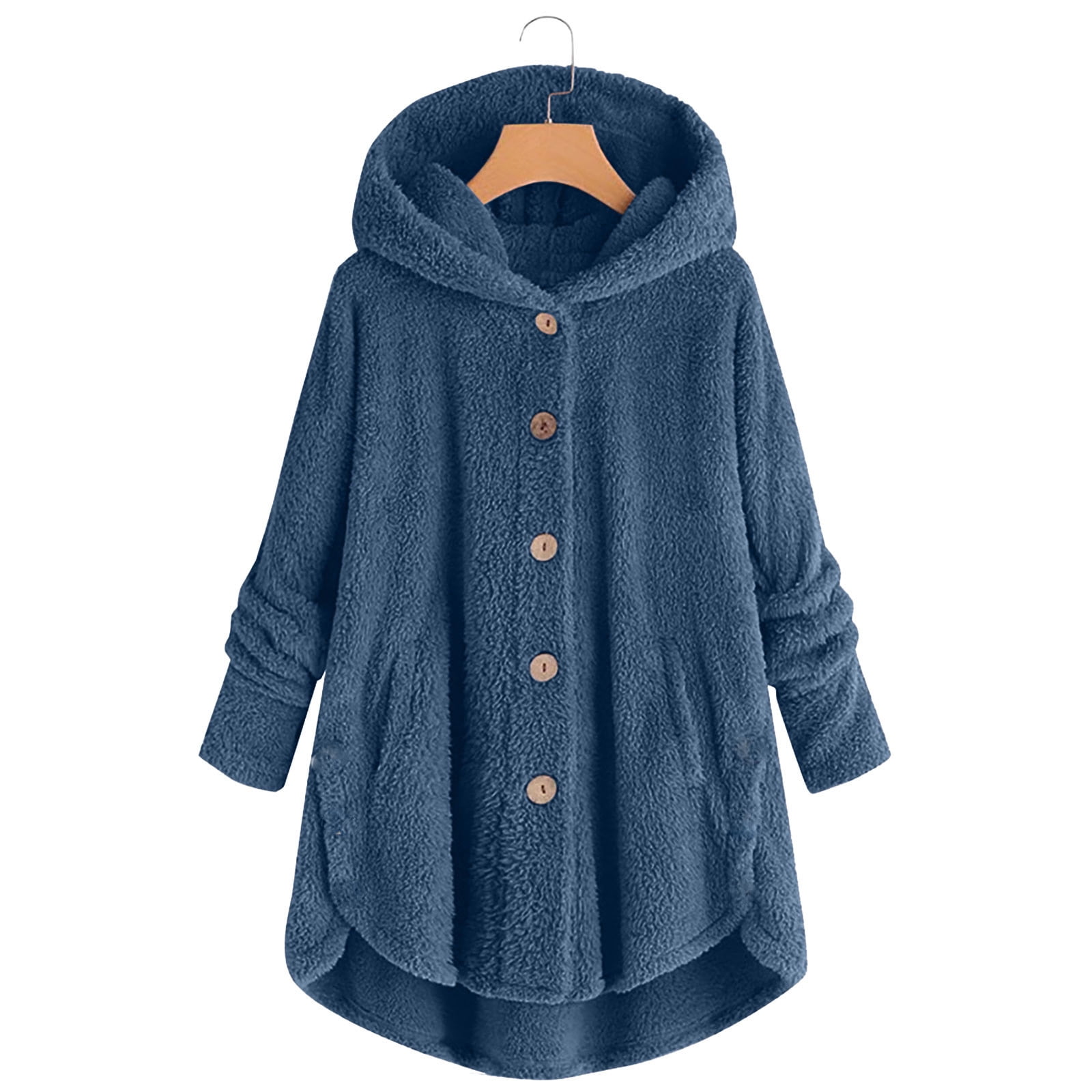 FNFYFH Womens Winter Fleece Coats Fluffy Button Long Sleeve Hoodies Jackets 2025 Warm Teddy Bear Outerwear Plus Size Hooded Coats for Women Blue S-5XL