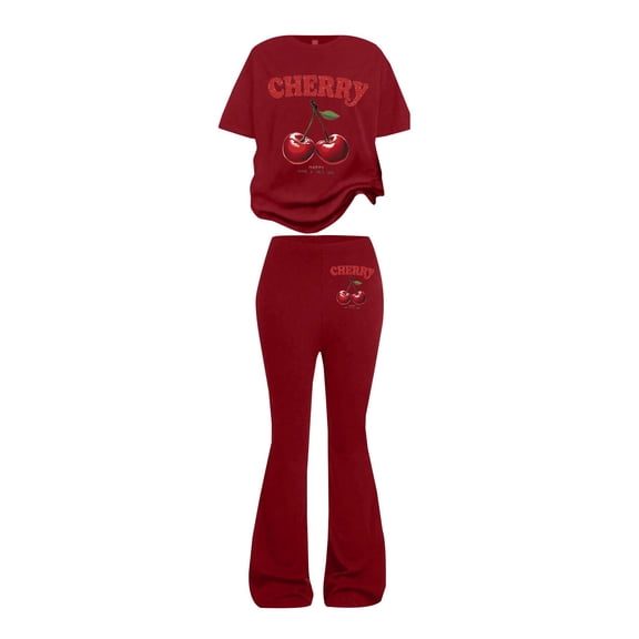 GiLiling Girls Cherry Print Outfit Round Neck Short Sleeve T Shirt and Matching Flare Pants 2 Piece Casual Set (Red, 10-11 Years)