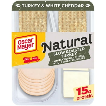 O Mayer Natural Meat & Cheese Snack Plate with Slow Roasted Turkey, White Cheddar Cheese & Whole Wheat Crackers, 3.3 oz. Tray
