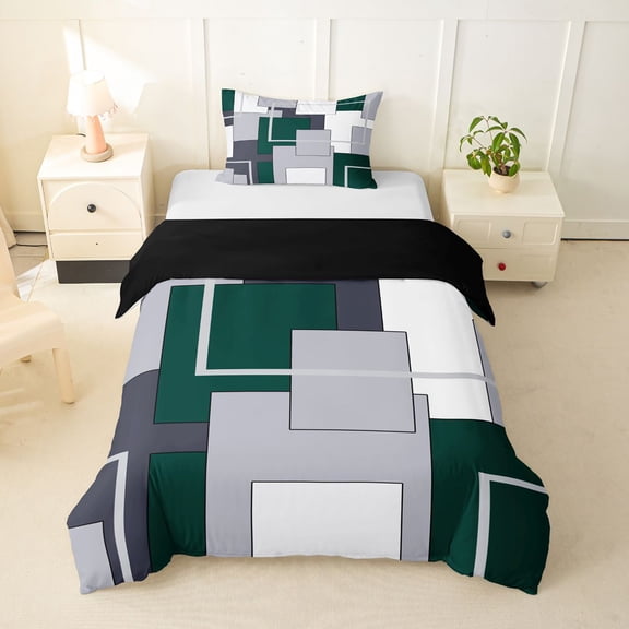 Homewish Minimalist Modern Block Twin Duvet Cover,Classic Abstract Geometric Twin Bedding,Green,Black Reversible,2-Piece,1 Duvet Cover and 1 Pillowcase