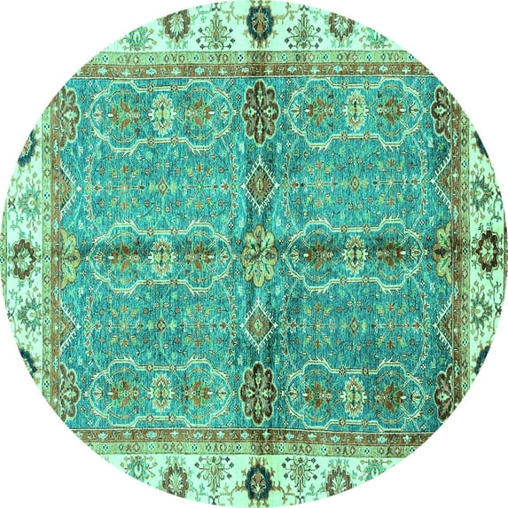 Ahgly Company Machine Washable Indoor Round Oriental Turquoise Blue Traditional Area Rugs, 3' Round