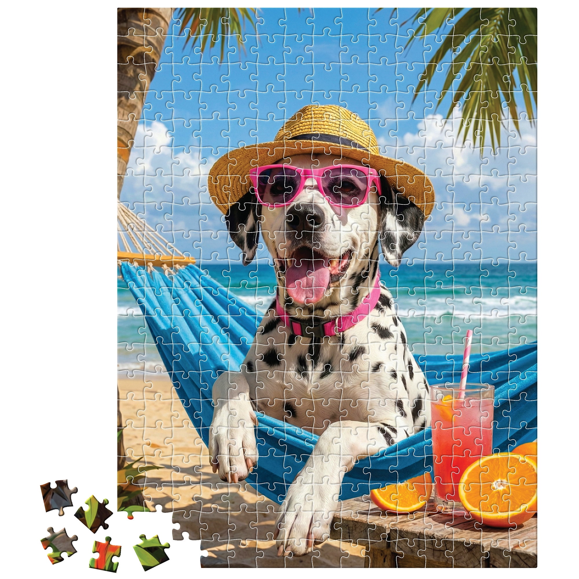 Vivid by Brea Reese: 300 Piece Puzzle - Vacay Doggie - Dalmatian Dog Relaxing Beach Scene Jigsaw, Soft-Touch Snap-Fit Pieces, Image Reference Poster