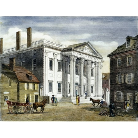 First Bank Of US 1799 Nthe First Bank Of The United States In Third Street Philadelphia Colored Line Engraving 1799 By William Birch & Son Rolled Canvas Art - (24 x 36)