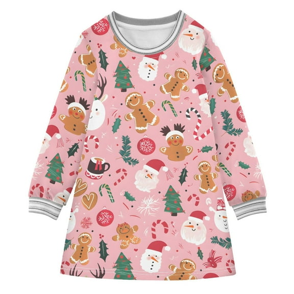 Girls' long-sleeved dress Gingerbread Man Snowman Girls' A-line dress with ribbed cuffs Soft and comfortable
