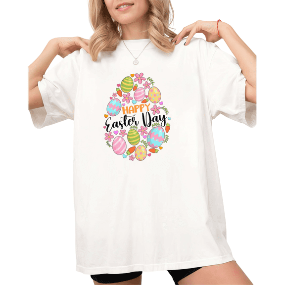 White Graphic Tees Print Tshirt Easter Eggs Floral Holiday Shirts S-5XL Tops