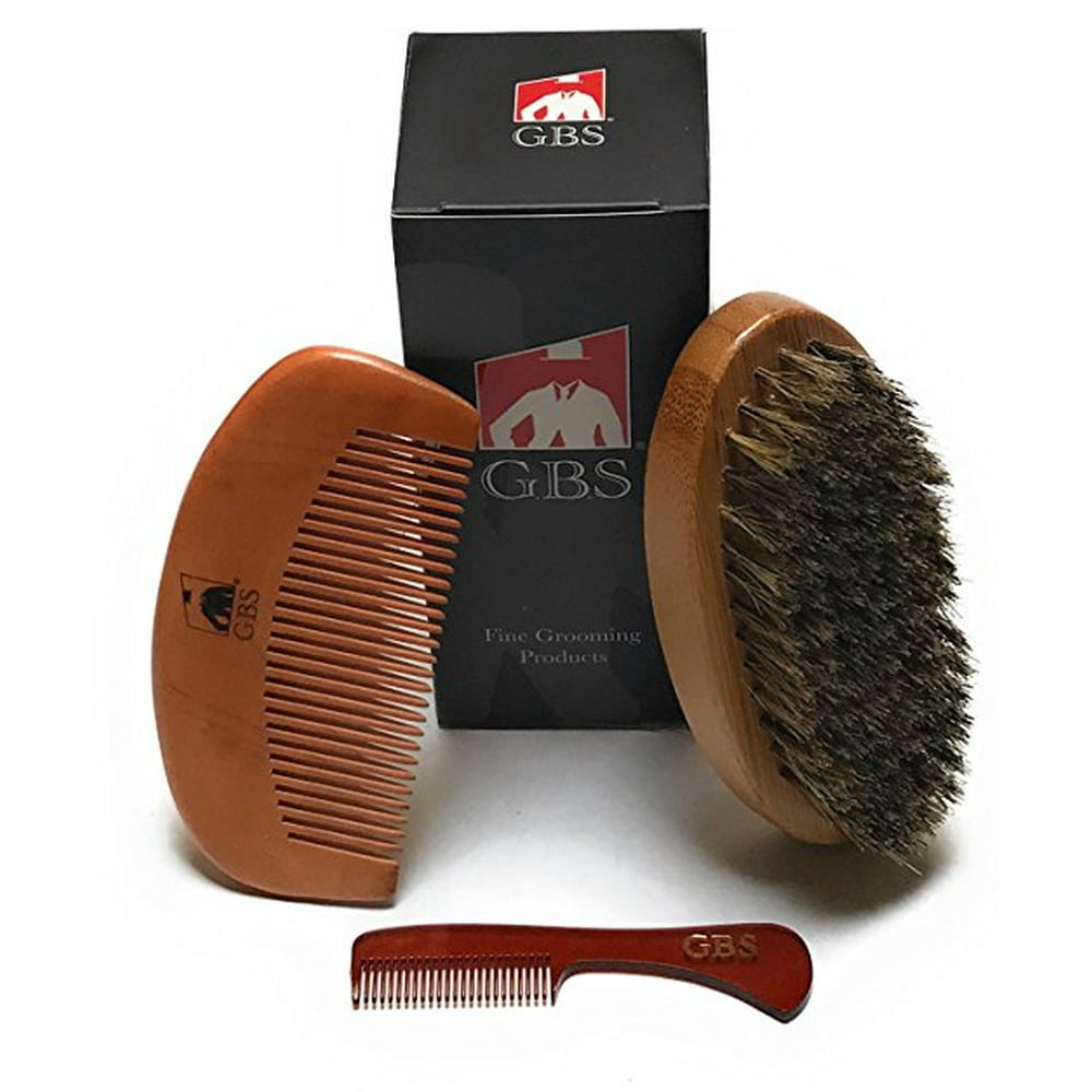 GBS Combo Set (3 Pc Kit) Premium Oval Wood Beard Brush with Boar