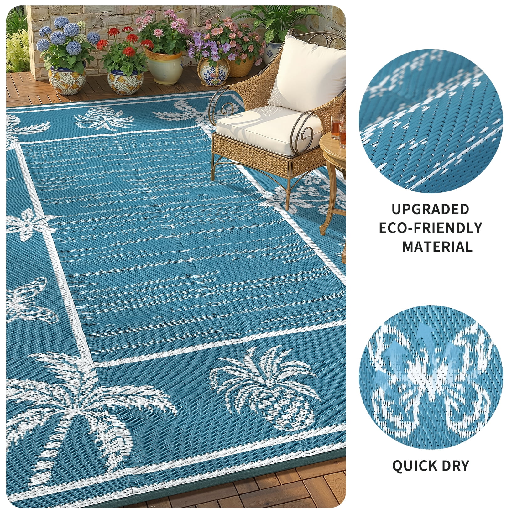 HIWEAVER Gray/Blue 8'x 10' Outdoor Rug Garden Decor Floral Bordered Carpet Plastic Straw Waterproof Reversible Patio Area Rug for Balcony Deck Picnic Portable Camping Mat