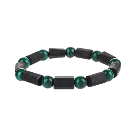 Handmade Natural Stone - Black Tourmaline Bracelet with Malachite Beads - Men's and Women's Jewelry