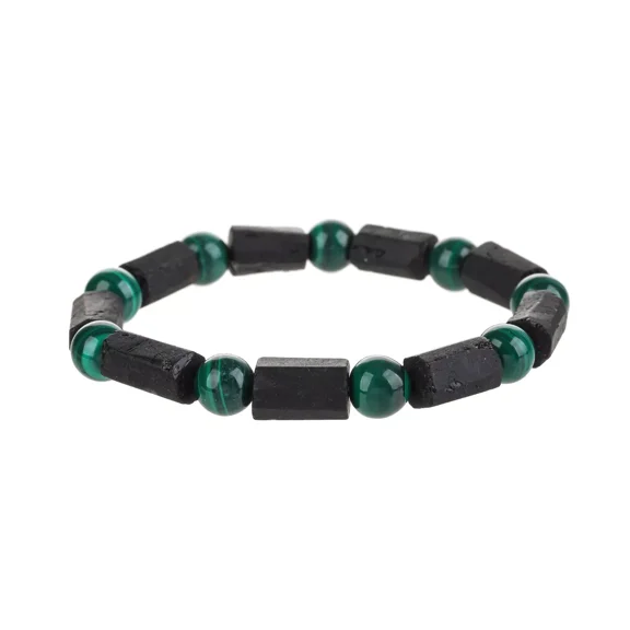 Handmade Natural Stone - Black Tourmaline Bracelet with Malachite Beads - Men's and Women's Jewelry