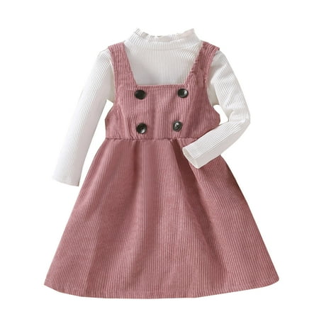 

Kids Toddler Child Girls Outfits Long Sleeve Solid Ruffled Collar Patchwork Suspender Skirt Outfits Set 2PCS Clothes