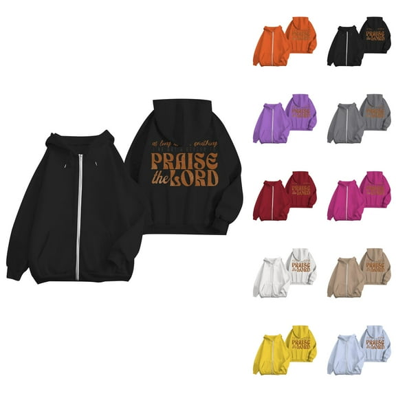 Praise The Lord Hoodies for Women Long Sleeve Zip Up Christian Hooded Sweatshirt with Pockets Jacket Coat