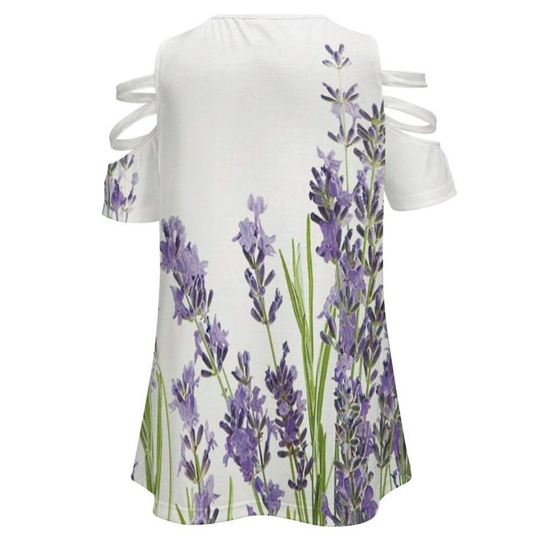 Lavender Flowers on White Background Womens Summer V Neck Zipper