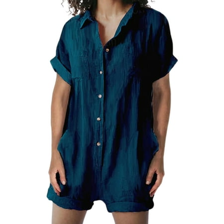 

Avamo Women Jumpsuits Button Down Romper Lapel Neck Shorts Loose Bodysuit Casual Vacation Playsuit Blue 5XL