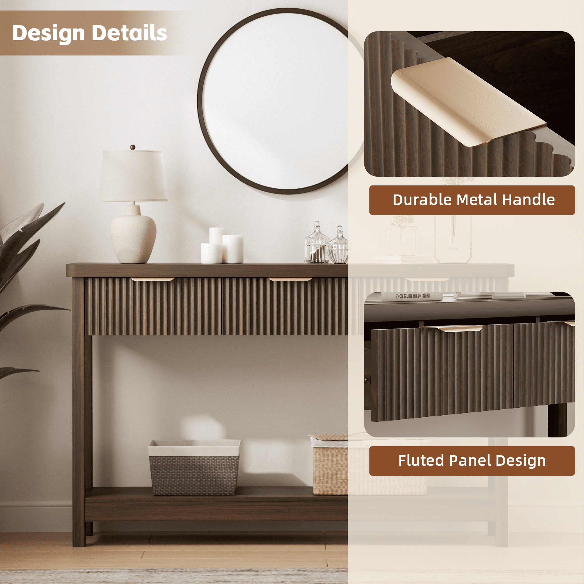 Laintene Fluted Console Table, 51" Narrow Entryway Table with 3 Drawers, Entry Sofa Table Behind Couch with Open Storage Shelf, Modern Display Shelf for Living Room Hallway, Walnut