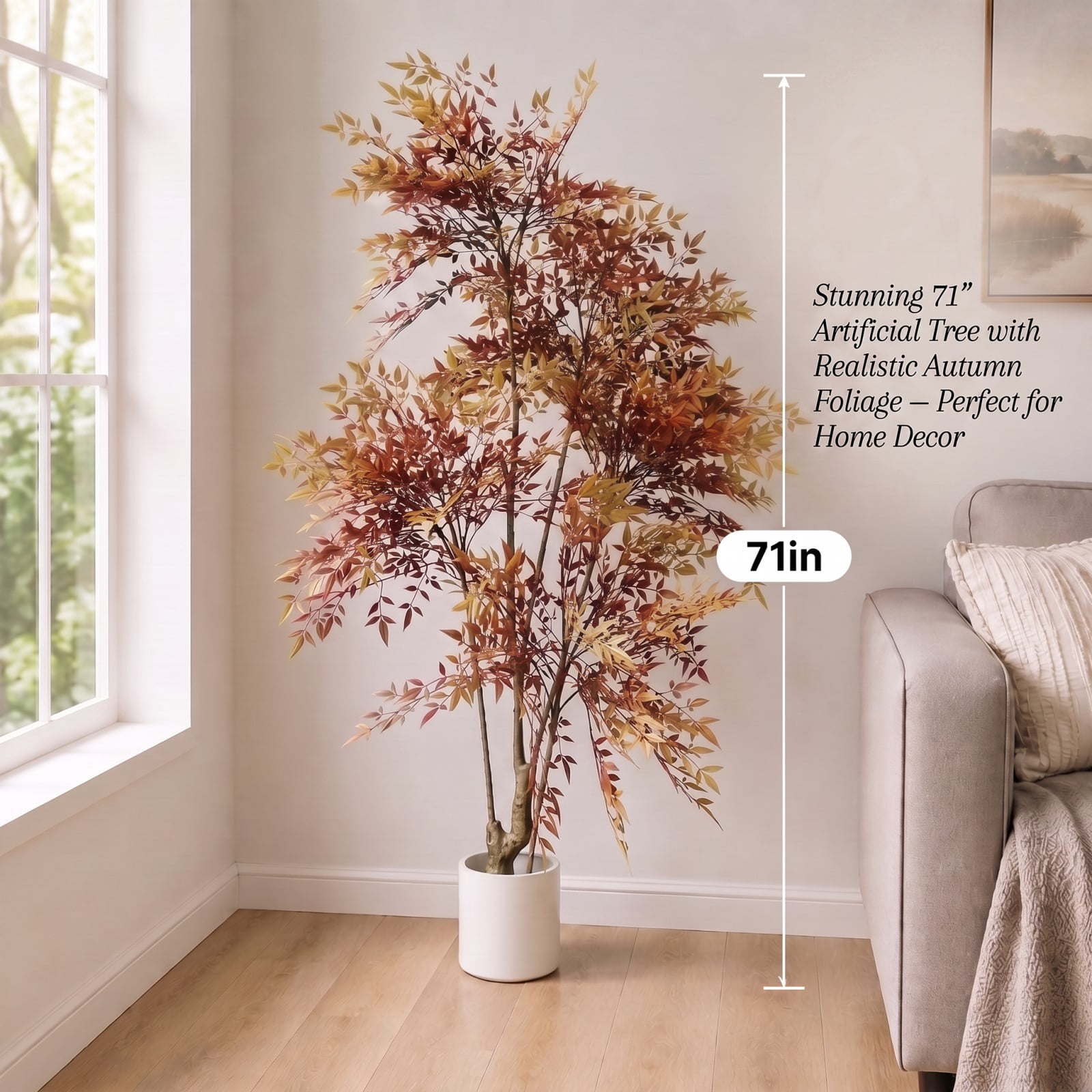 BEAUTYPEAK 5.9FT Artificial Plant Fake Indoor Red Nandina Plant Decorative Outdoor Greenery in White Pot