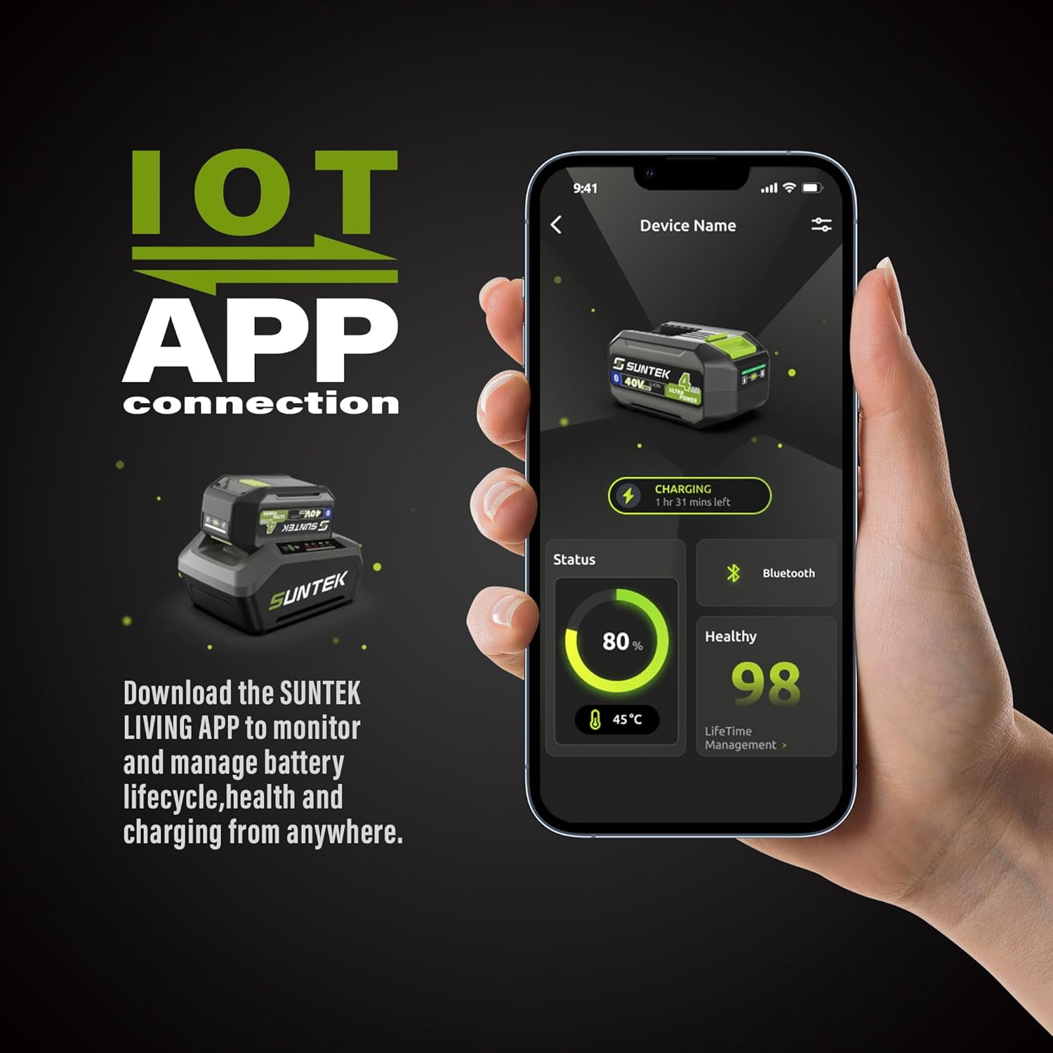 SUNTEK 40V 650CFM Cordless Leaf Blower with 4.0Ah Battery and Rapid Charger, IOT and APP Connection