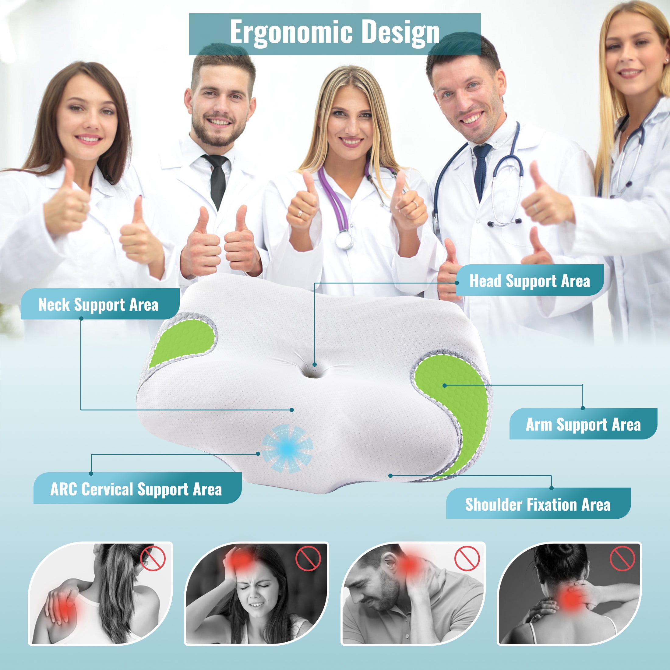 ENERFACE Ergonomic Memory Foam Neck Pillow for Pain Relief, Orthopedic Cervical Pillow for Side, Back & Stomach Sleepers with Breathable Washable Cover, Gray+White