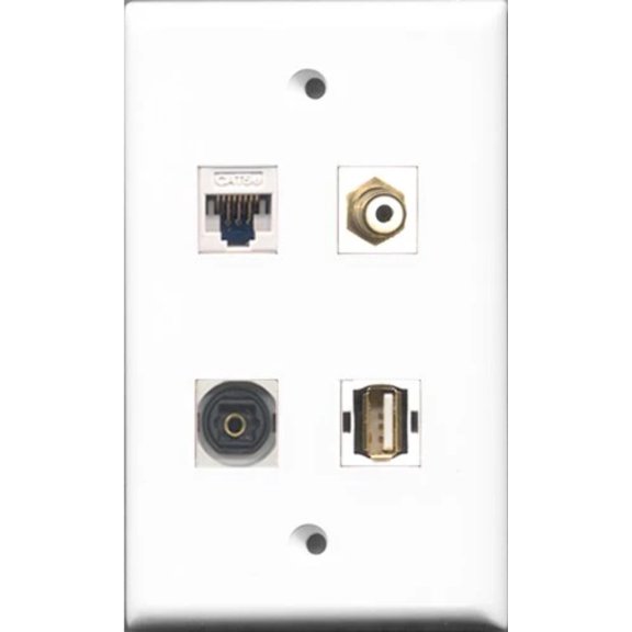RiteAV 1 Port RCA White and 1 Port USB A-A and 1 Port Toslink and 1 Port Cat5e Ethernet White Wall Plate
