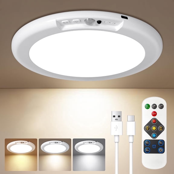 Gaormii Rechargeable LED Ceiling Light with Remote, Motion Sensor 3 Color Dimmable Wireless Magnetic Closet Light, Battery Operated Shower Light for Shed Pantry.