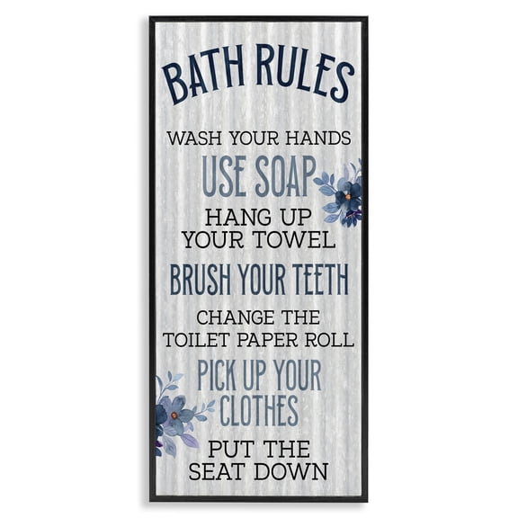 Stupell Industries Industrial Bathroom Rules Striped Floral List Black Framed Giclee Art, 13 x 30, by Kim Allen