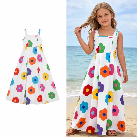 Summer Dress for Girls Floral Print Sleeveless A-Line Dresses Beach Dresses Girls Casual Dresses Size 7-8 Years