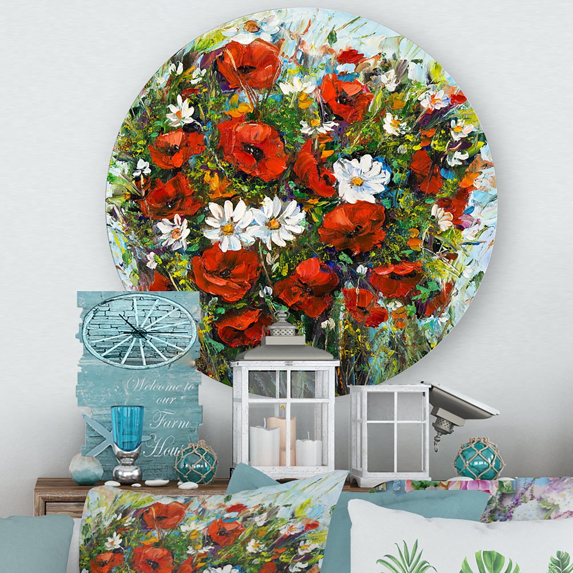 Designart 'Bouquet Of White and Red Wildflowers' Traditional Circle Metal Wall Art 23x23 - Disc of 23