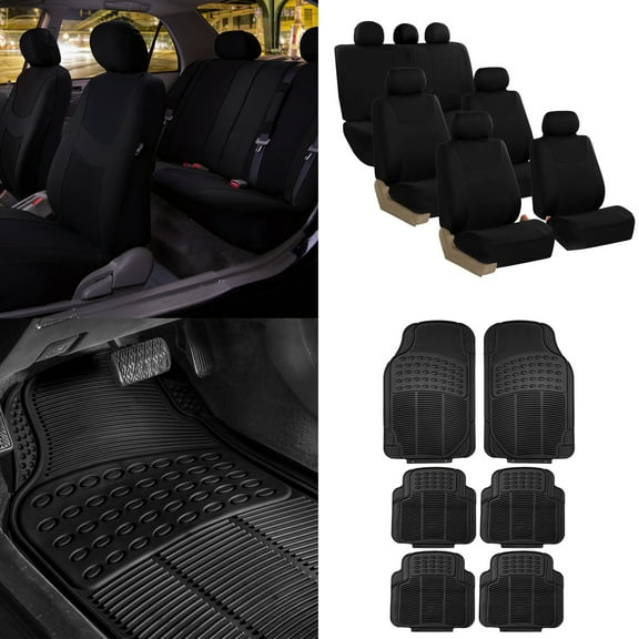 FH Group, 7 Seaters 3 Row Black Seat Covers for SUV Van Combo with Black Floor Mats