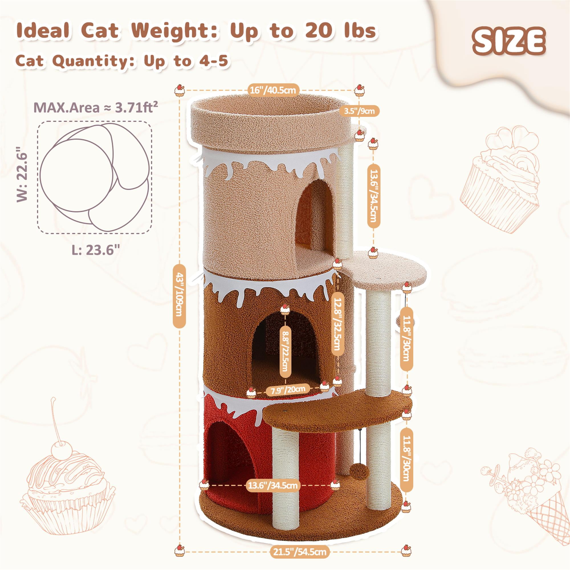 Kadyn 43" Cat Tree Tower for Indoor Cats, Cat Tree House with 3 Cat Condos, Platform, Scratching Posts, Hanging Ball, Cat Climbing Frame Bed, Brown