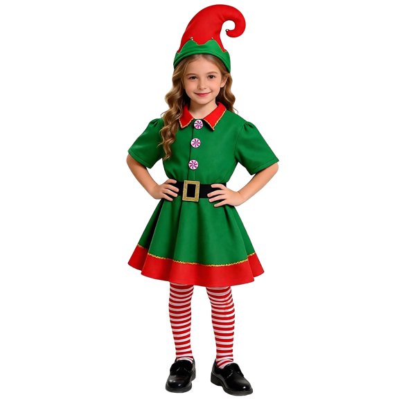 Teen Christmas Outfits Girls Short Sleeve Christmas Elf Dress Girls Hat Sets Party Dress Up Girls Christmas Outfit 14-15 Years