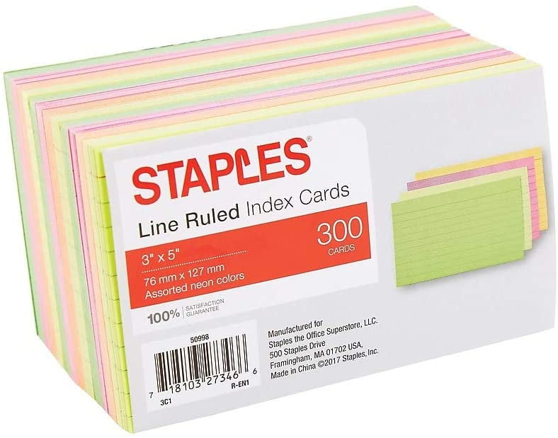 Staples Index Cards 3" x 5" Line Ruled Neon Assorted Color, 300/Pack