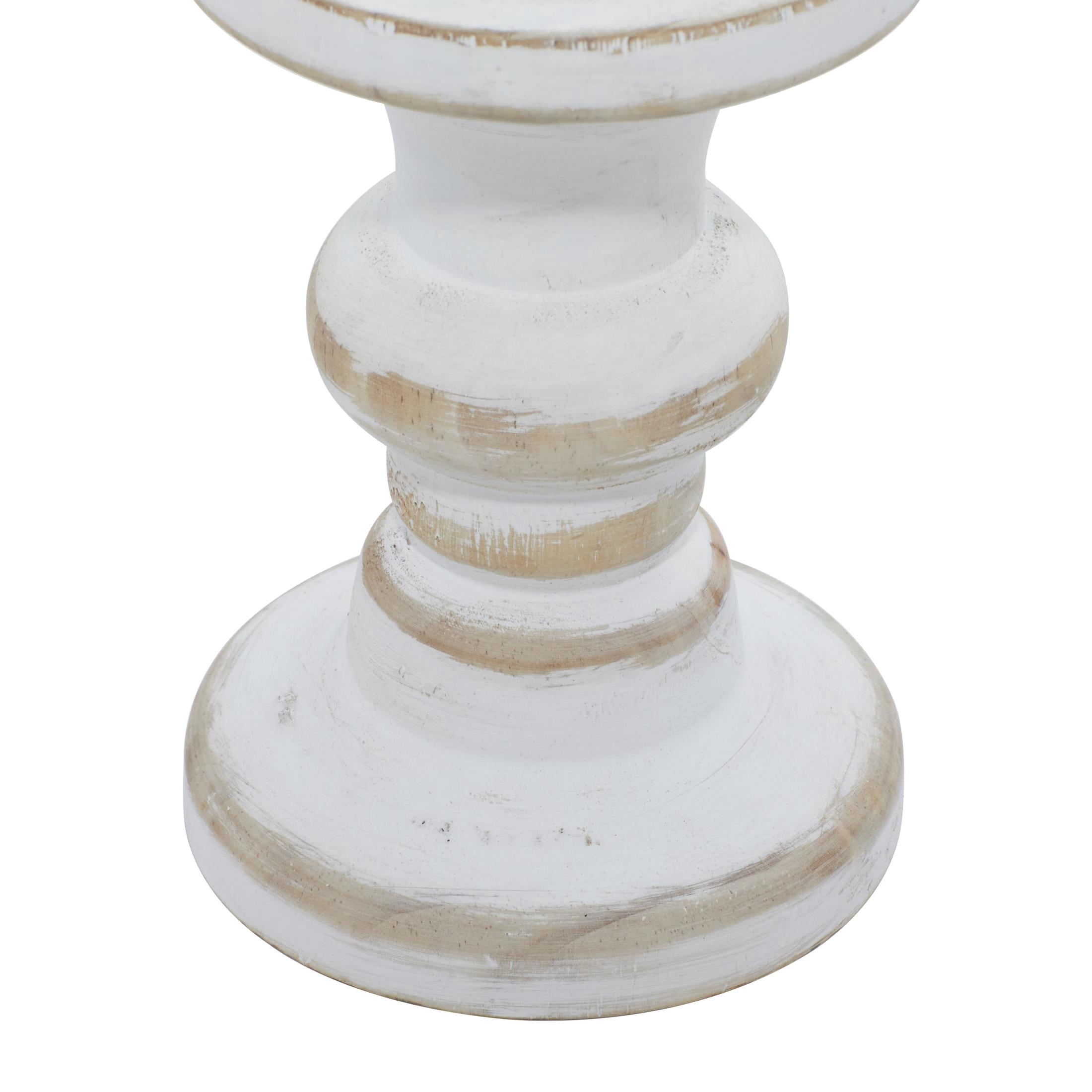 DecMode Farmhouse Wood Pillar Candle Holders, Set of 3, 8", 6", 4"H, White Distressed Finish
