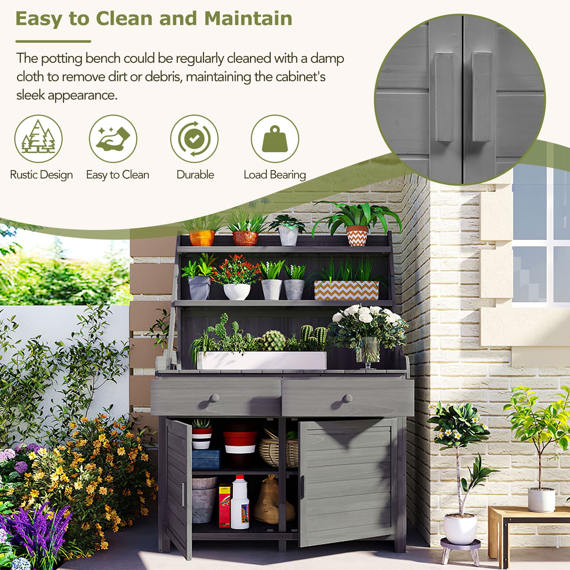 MAYEERTY 65" Tall Wood Potting Bench, Outdoor Garden Workstation with 3-Tier Open Shelves, Drawers for Patio, Backyard, Gardening