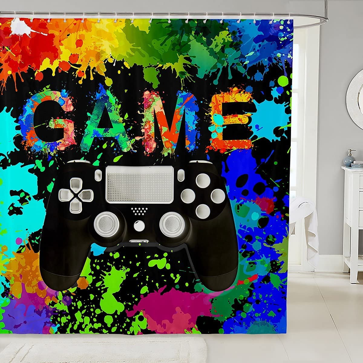 Gamer Bathroom Shower Curtain Set Boys Gamepad Video Game Bath Curtain
