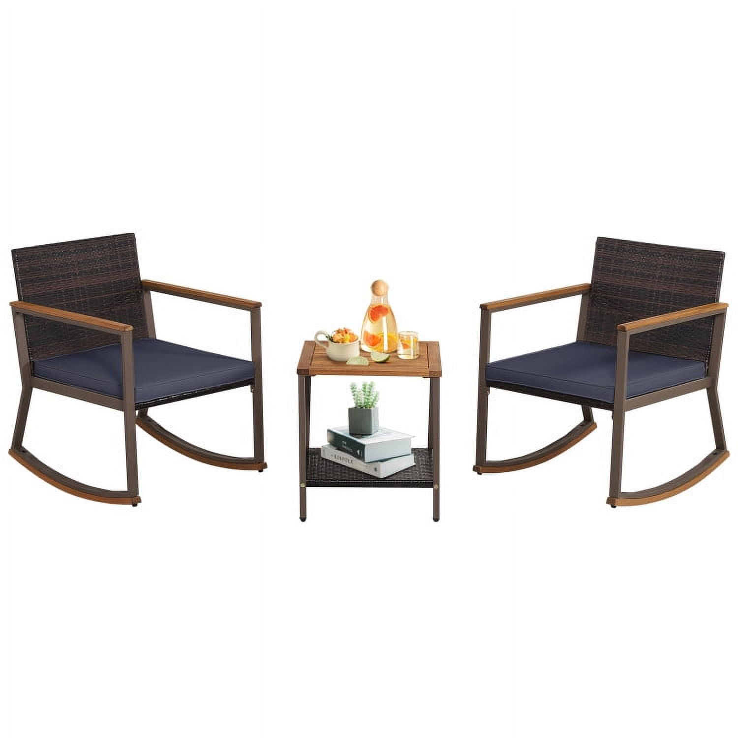 Aimee Lii 3 Pieces Rattan Rocking Bistro Set with Coffee Table and Cushions, Patio Table and Chairs Set, Outdoor Patio Set, Navy