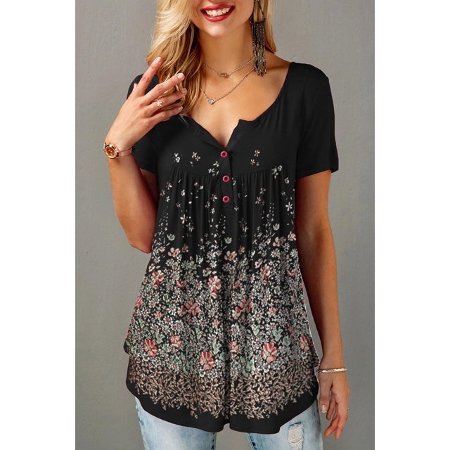 RWJDXD WUJS Chemises Décontractées pour Femmes Grande Taille à Imprimé Floral en Chiffon à Volants Manches Courtes Ourlet Asymétrique en Couches Col Rond Haut Quotidien pour Navetteur