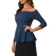 thumbnail image 4 of INSPIRE CHIC Women's Floral Lace Blouse Off Shoulder Sheer 3/4 Sleeve Peplum Top S Dark Blue, 4 of 6
