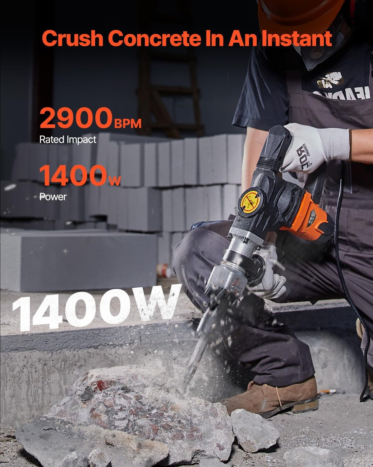 Demolition Jack Hammer, MAX 1400W Electric Jackhammer Heavy Duty, 2900 BPM Concrete Breaker 2pcs Chisels Bits Chipping W/Case, Gloves
