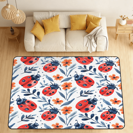 CURLYOOT Ladybugs Area Rugs 5 x7 Washable Rug Large Living Room Rug Non Slip Spring Floral Indoor Floor Carpet for Dining Room Bedroom Home