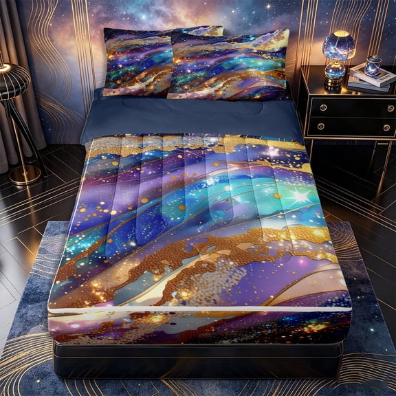 Castle Fairy Glitter Gold Foil Galaxy Wave Zipper Twin Comforter Sets with Fitted Sheet and 2 Pillowcases,Sparkly Nebula Alcohol Ink Graphic Zipper Bedding Set,Purple Cyan,Reversible,4-Piece