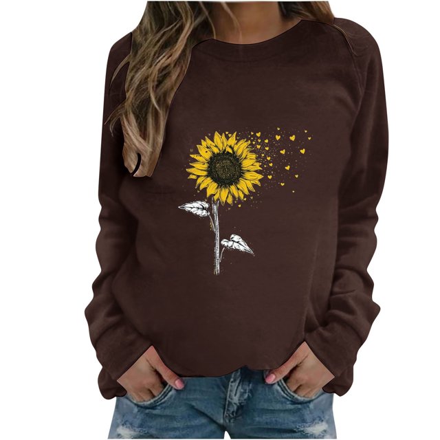 HKEJIAOI Chandail Graphique Tournesol Femme Manches Longues T-Shirt Décontracté Col Rond chandail Ample, c-Brun G